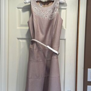 Anne Klein Tan Knee Length Dress with Embroidered Neckline